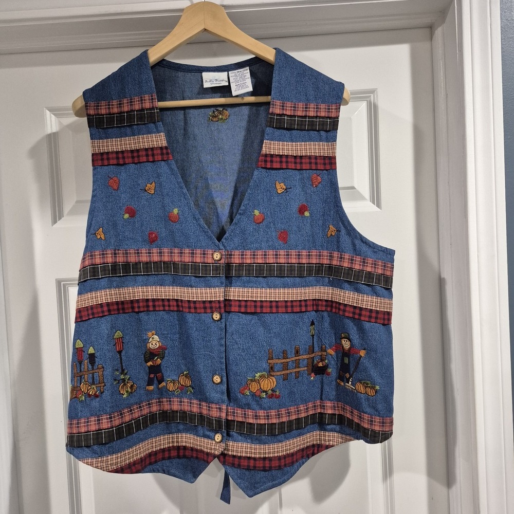 Vintage Denim Vest Womens 18W 20W Fall Pumpkins Harvest Scarecrow Leaves Autumn